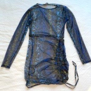 Blue Snake Print Mesh Long Sleeve Ruched Skirt Bodycon Dress